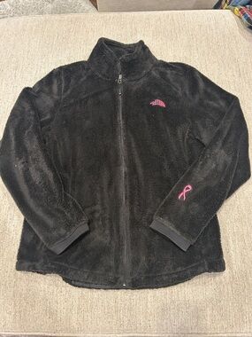 The North Face Black Fleece Jacket with Pink Logo and Ribbon